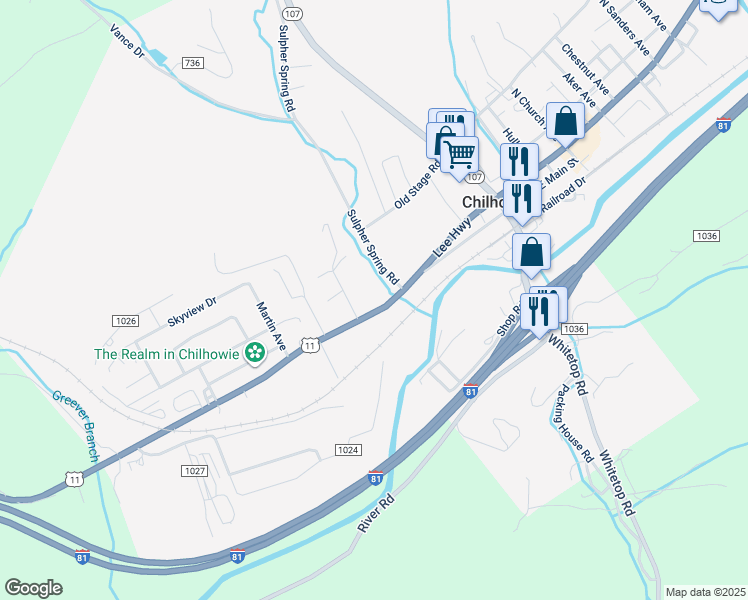map of restaurants, bars, coffee shops, grocery stores, and more near 703 West Lee Highway in Chilhowie
