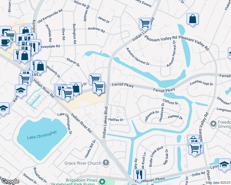 map of restaurants, bars, coffee shops, grocery stores, and more near 5238 Lake Victoria Arch in Virginia Beach