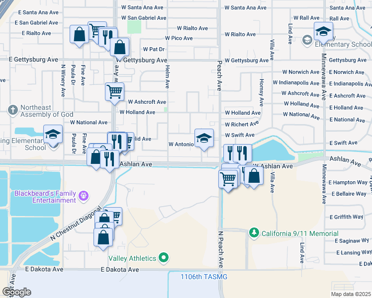 map of restaurants, bars, coffee shops, grocery stores, and more near 3134 Sylmar Avenue in Clovis