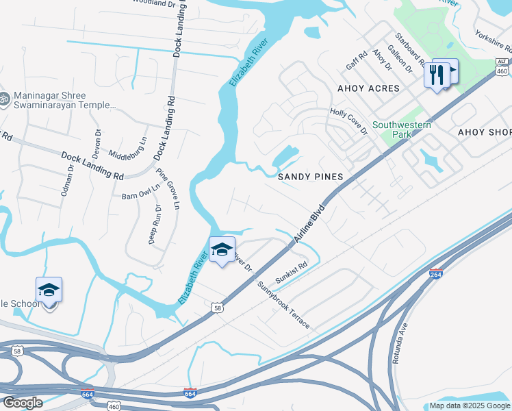map of restaurants, bars, coffee shops, grocery stores, and more near 4204 Pointers Trail in Chesapeake