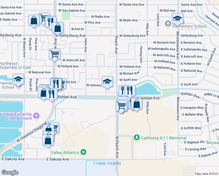 map of restaurants, bars, coffee shops, grocery stores, and more near 3137 Terry Avenue in Clovis