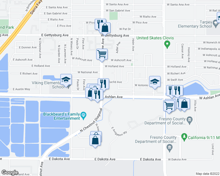 map of restaurants, bars, coffee shops, grocery stores, and more near 3160 Timmy Avenue in Clovis