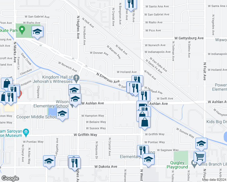 map of restaurants, bars, coffee shops, grocery stores, and more near 4263 North Bengston Avenue in Fresno