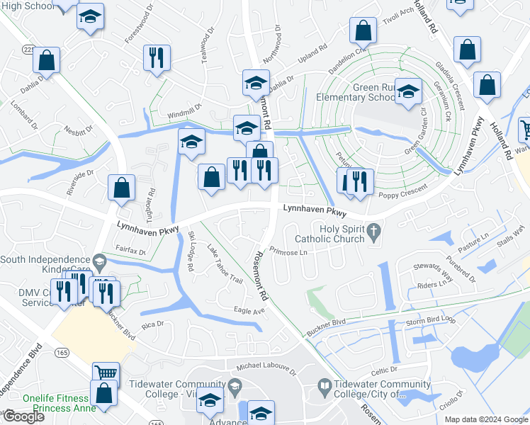 map of restaurants, bars, coffee shops, grocery stores, and more near 3605 Wetherington Drive in Virginia Beach