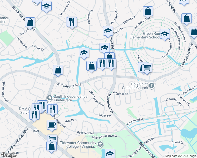 map of restaurants, bars, coffee shops, grocery stores, and more near 3602 Sylvan Lane in Virginia Beach