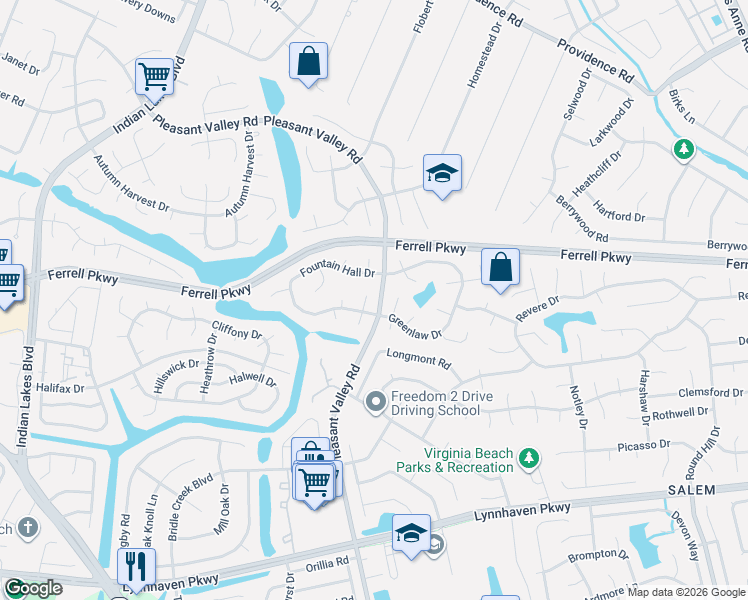 map of restaurants, bars, coffee shops, grocery stores, and more near 1324 Fernside Court in Virginia Beach