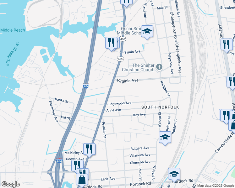 map of restaurants, bars, coffee shops, grocery stores, and more near 1123 Ferebee Avenue in Chesapeake