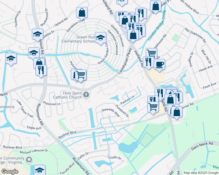 map of restaurants, bars, coffee shops, grocery stores, and more near 1301 Pine Cone Circle in Virginia Beach