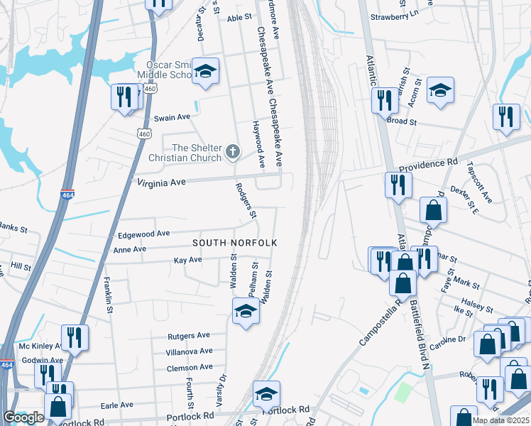 map of restaurants, bars, coffee shops, grocery stores, and more near 1300 Bassett Street in Chesapeake