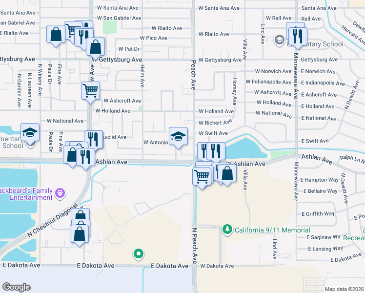 map of restaurants, bars, coffee shops, grocery stores, and more near 3140 Peach Avenue in Clovis
