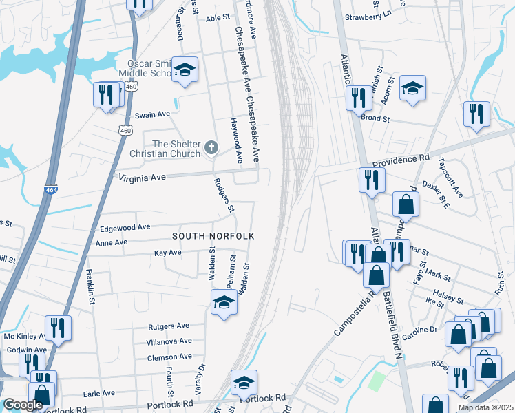 map of restaurants, bars, coffee shops, grocery stores, and more near 2801 Southport Avenue in Chesapeake