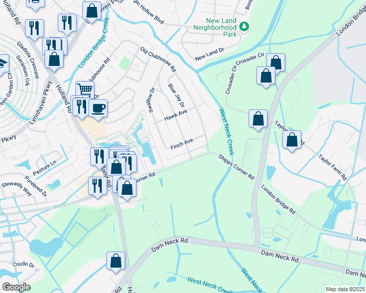 map of restaurants, bars, coffee shops, grocery stores, and more near 2921 Finch Avenue in Virginia Beach
