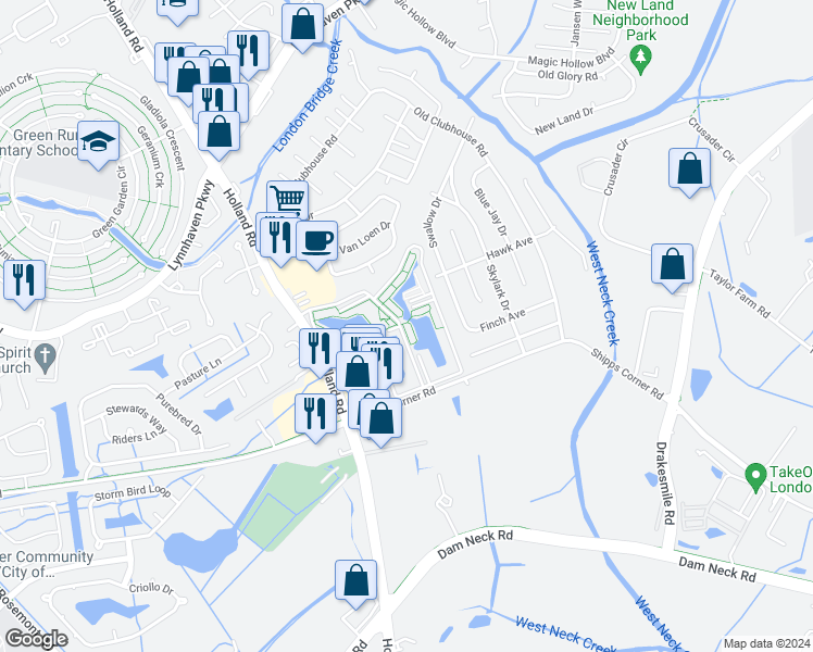 map of restaurants, bars, coffee shops, grocery stores, and more near 1444 Bayhead Drive in Virginia Beach