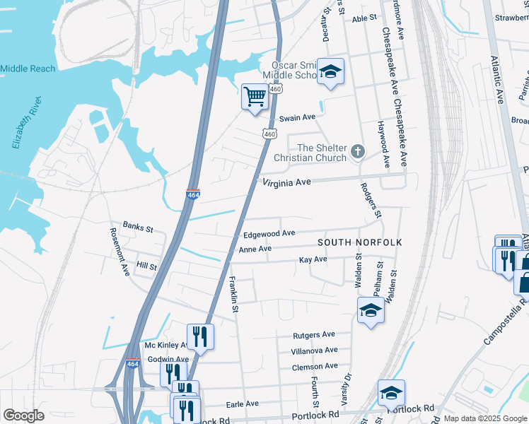 map of restaurants, bars, coffee shops, grocery stores, and more near 1123 Ferebee Avenue in Chesapeake