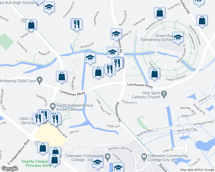 map of restaurants, bars, coffee shops, grocery stores, and more near 3602 Sylvan Lane in Virginia Beach