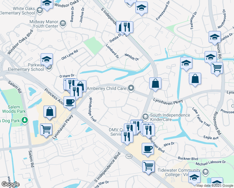 map of restaurants, bars, coffee shops, grocery stores, and more near 3825 Hearthside Lane in Virginia Beach
