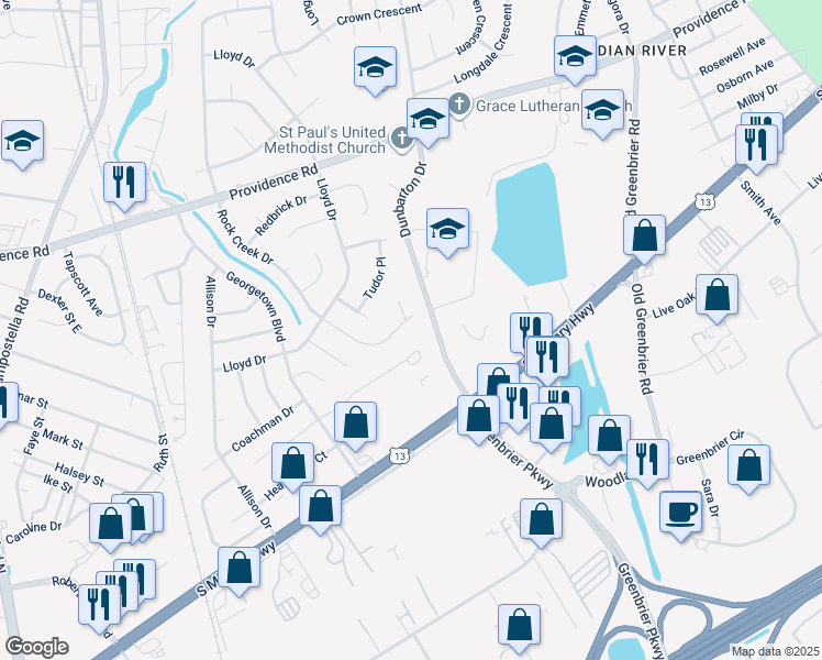 map of restaurants, bars, coffee shops, grocery stores, and more near 2114 Rock Creek Drive in Chesapeake