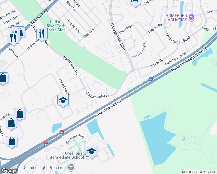 map of restaurants, bars, coffee shops, grocery stores, and more near 14 Keswick Circle in Chesapeake