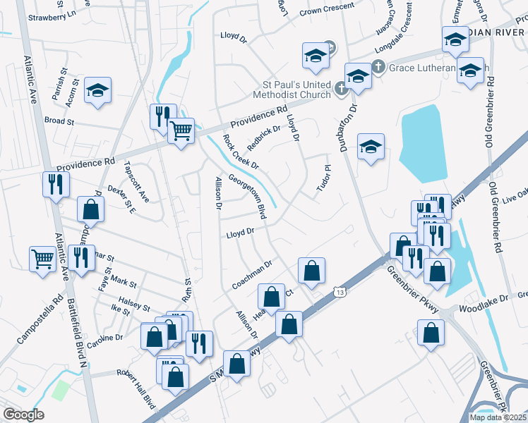 map of restaurants, bars, coffee shops, grocery stores, and more near 2209 Georgetown Boulevard in Chesapeake