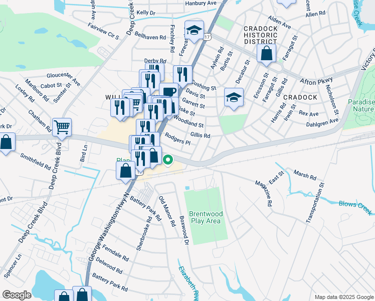 map of restaurants, bars, coffee shops, grocery stores, and more near 1813 Redgate Drive in Portsmouth