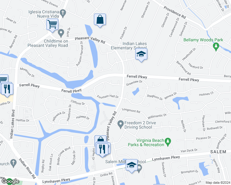 map of restaurants, bars, coffee shops, grocery stores, and more near 1329 Fernside Court in Virginia Beach