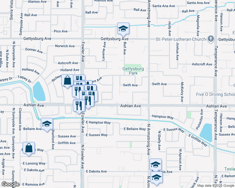 map of restaurants, bars, coffee shops, grocery stores, and more near 3146 Burl Avenue in Clovis