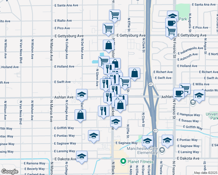 map of restaurants, bars, coffee shops, grocery stores, and more near 4245 North Blackstone Avenue in Fresno