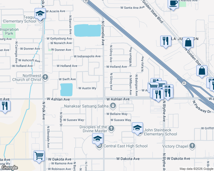 map of restaurants, bars, coffee shops, grocery stores, and more near 4776 West Austin Way in Fresno
