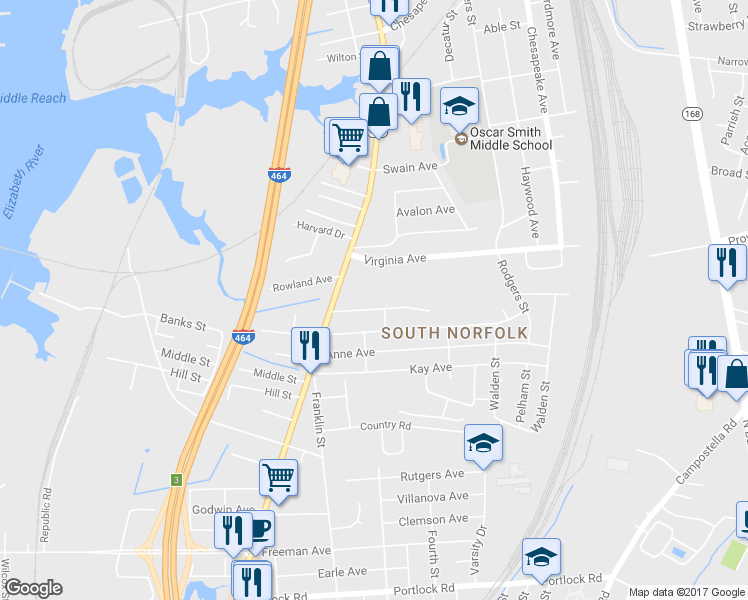 map of restaurants, bars, coffee shops, grocery stores, and more near 1123 Ferebee Avenue in Chesapeake