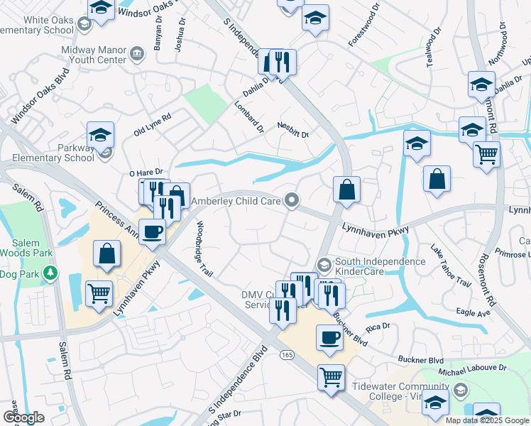 map of restaurants, bars, coffee shops, grocery stores, and more near 3825 Hearthside Lane in Virginia Beach