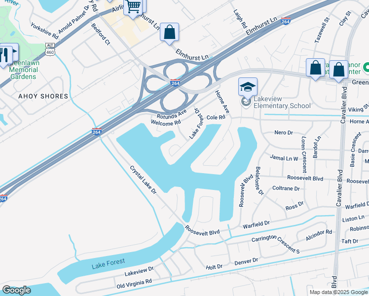 map of restaurants, bars, coffee shops, grocery stores, and more near 1427 Lake Forest Drive in Portsmouth