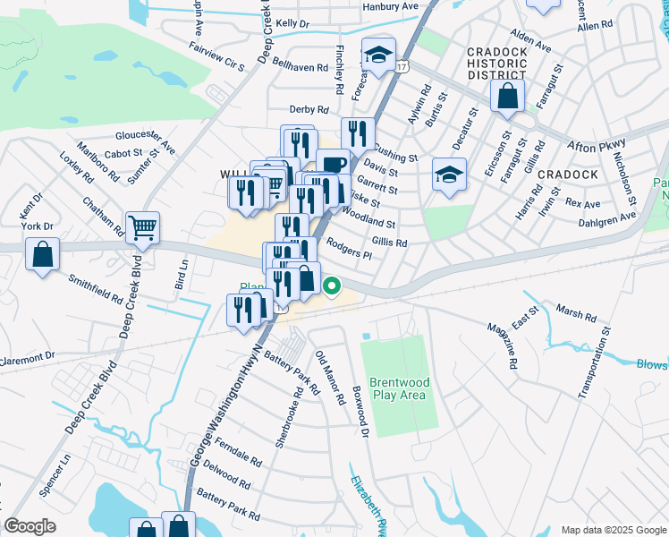 map of restaurants, bars, coffee shops, grocery stores, and more near 1921 Redgate Drive in Portsmouth