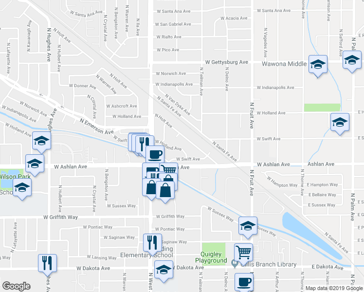 map of restaurants, bars, coffee shops, grocery stores, and more near 1028 West Holland Avenue in Fresno