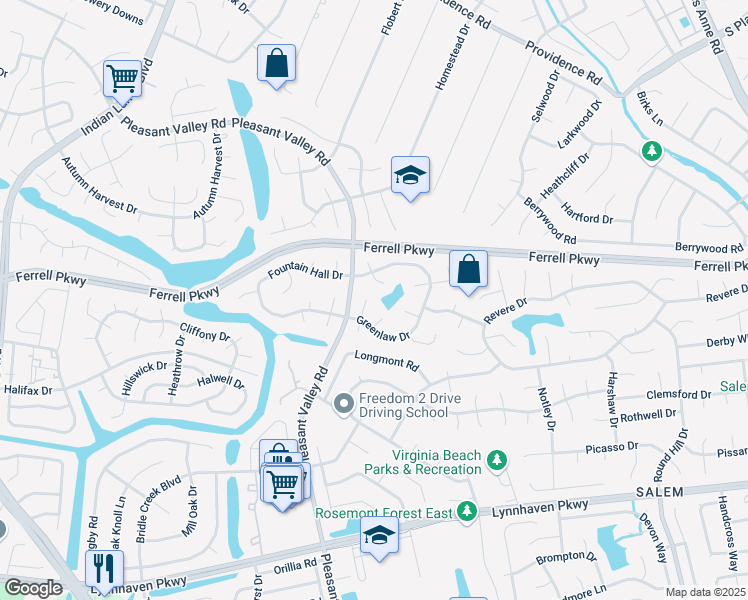 map of restaurants, bars, coffee shops, grocery stores, and more near 1410 Carabao Circle in Virginia Beach
