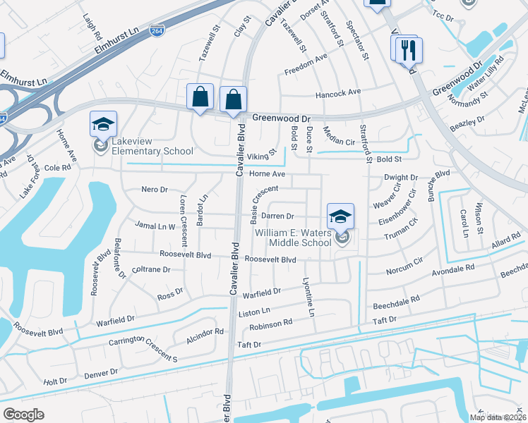 map of restaurants, bars, coffee shops, grocery stores, and more near 1002 Darren Drive in Portsmouth