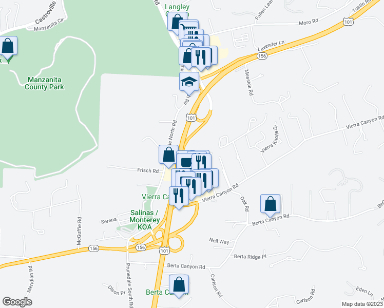 map of restaurants, bars, coffee shops, grocery stores, and more near 17663 Vierra Canyon Road in Salinas