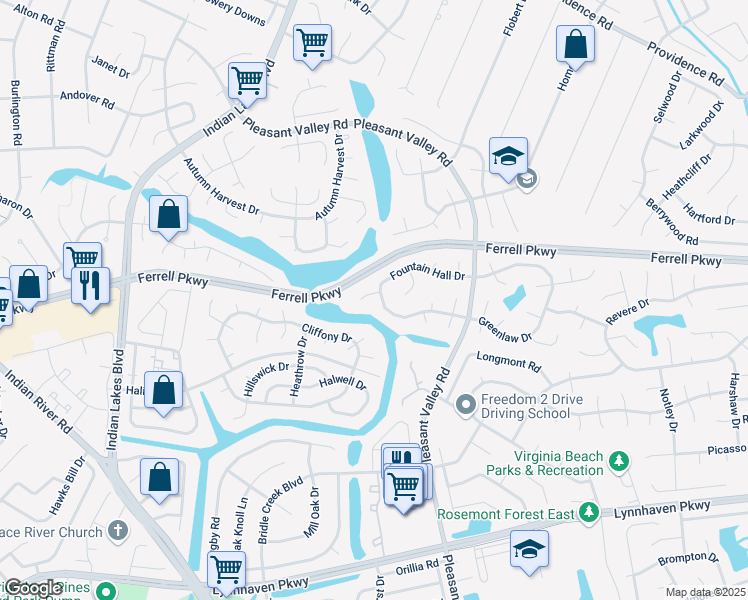 map of restaurants, bars, coffee shops, grocery stores, and more near 4821 Firth Lane in Virginia Beach