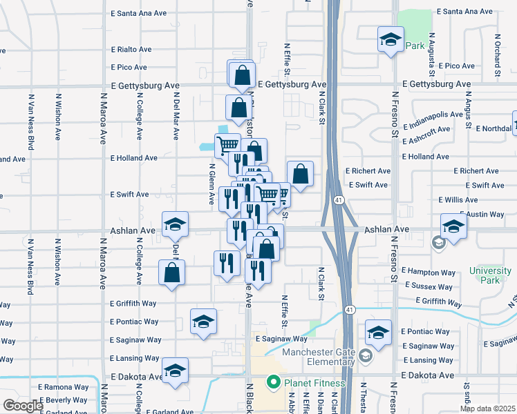 map of restaurants, bars, coffee shops, grocery stores, and more near 4260 North Blackstone Avenue in Fresno