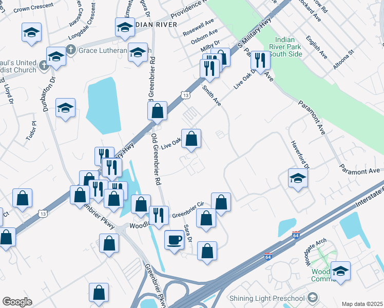 map of restaurants, bars, coffee shops, grocery stores, and more near 840 Juniper Crescent in Chesapeake