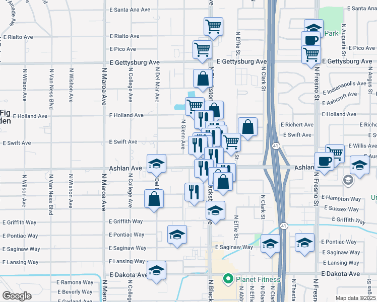 map of restaurants, bars, coffee shops, grocery stores, and more near 1446 East Austin Way in Fresno