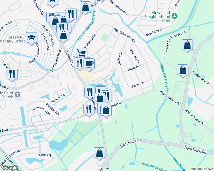 map of restaurants, bars, coffee shops, grocery stores, and more near 1444 Bayhead Drive in Virginia Beach