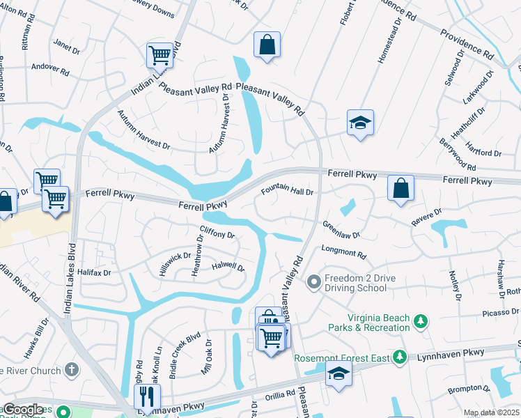 map of restaurants, bars, coffee shops, grocery stores, and more near 4913 Fountain Hall Drive in Virginia Beach