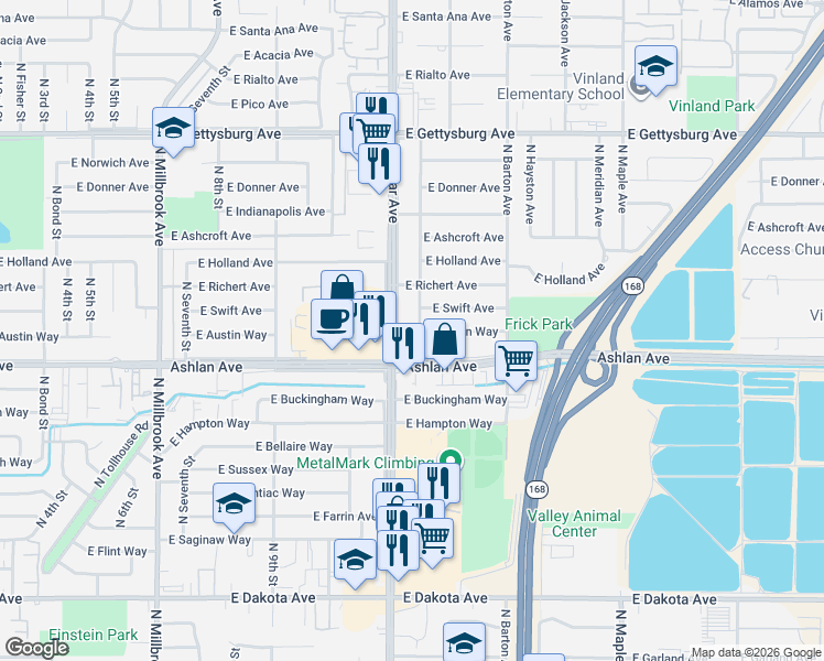 map of restaurants, bars, coffee shops, grocery stores, and more near in Fresno