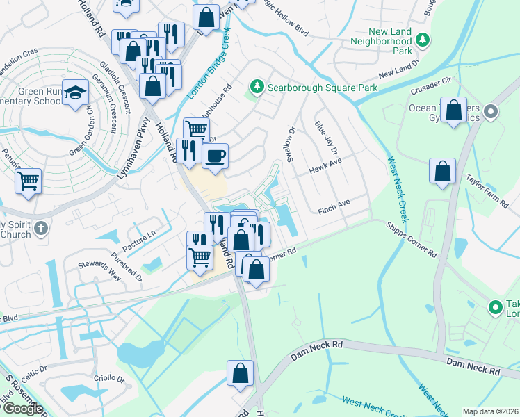 map of restaurants, bars, coffee shops, grocery stores, and more near 1431 Bayhead Drive in Virginia Beach