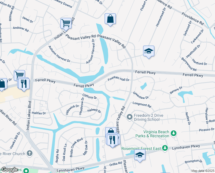 map of restaurants, bars, coffee shops, grocery stores, and more near 4913 Fountain Hall Drive in Virginia Beach