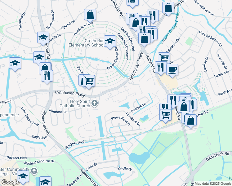 map of restaurants, bars, coffee shops, grocery stores, and more near 1302 Pine Cone Circle in Virginia Beach