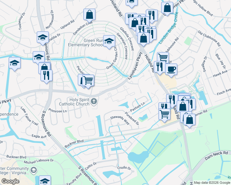 map of restaurants, bars, coffee shops, grocery stores, and more near 1302 Pine Cone Circle in Virginia Beach