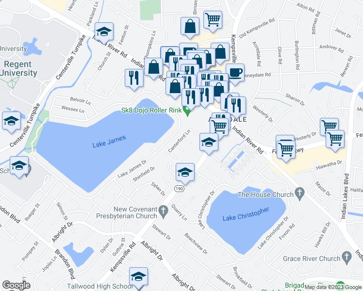 map of restaurants, bars, coffee shops, grocery stores, and more near 1508 Brenland Circle in Virginia Beach