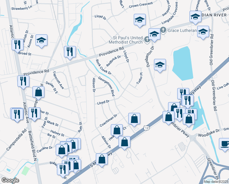 map of restaurants, bars, coffee shops, grocery stores, and more near 2209 Georgetown Boulevard in Chesapeake
