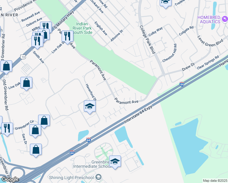 map of restaurants, bars, coffee shops, grocery stores, and more near 2101 Haverford Drive in Chesapeake